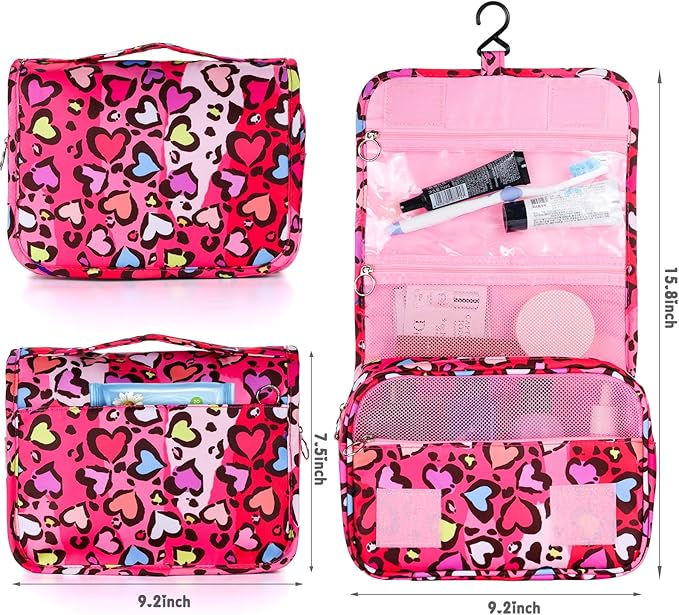 Kids Hanging Toiletry Bag for Girls, Travel Toiletry Bag for Little Young Girls Cosmetic Makeup Waterproof Wash Bag Toddler Traveling Toiletries, Leopard Red