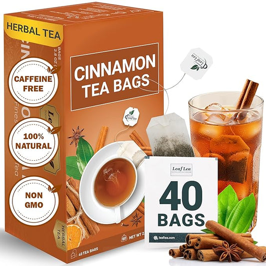 LeafLea 40 Cinnamon Tea Bags, 100% Natural Ground Cinnamon Stick Herbal Tea, Spiced and Warming Flavor for Relaxation, Caffeine-Free, Sugar-Free, Non-GMO, Vegan