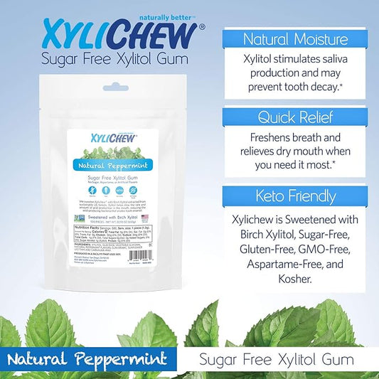 Xylichew 100% Xylitol Chewing Gum - Non GMO, Non Aspartame, Gluten Free, and Sugar Free Gum - Natural Oral Care, Relieves Bad Breath and Dry Mouth - Peppermint, 500 Count
