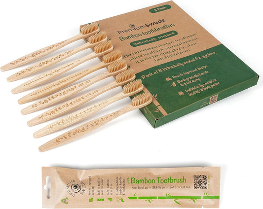 Bamboo Toothbrushes Soft Bristles Adult - 8 Pack Eco-Friendly Bamboo Toothbrushes Individually Wrapped - Sealed Soft Bristle Toothbrush - Biodegradable Natural Wooden Toothbrush