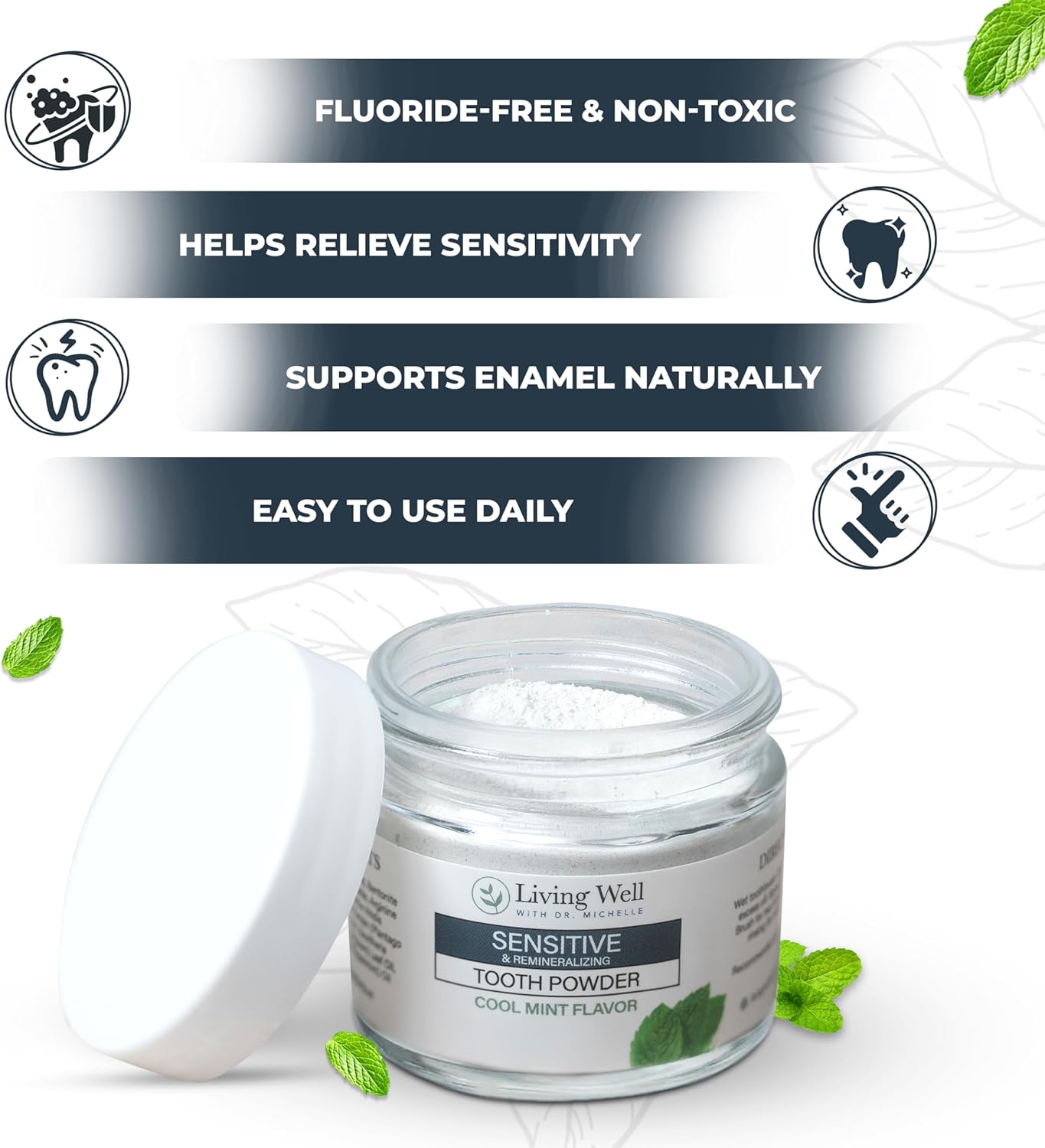 Living Well with Dr. Michelle Sensitive Remineralizing Tooth Powder | Fluoride-Free Hydroxyapatite Formula | Supports Daily Comfort for Sensitive Teeth
