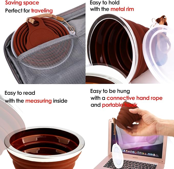 ME.FAN Silicone Collapsible Travel Cup - Silicone Folding Camping Cup with Lids - Expandable Drinking Cup Set - Portable, Graduated [9.22oz]
