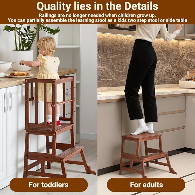 COSYLAND Kids Kitchen Step Stool, Toddler Standing Tower with CPC Certification, Removable Anti-Drop Railing Safety Rail Enjoys Unique Patented Design A Anti-tip Stable Structure 1.5-3 Years Brown