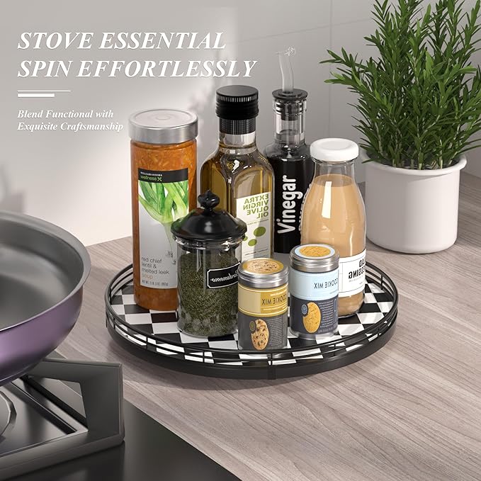 Black and White Kitchen Lazy Susan Turntable – Round Checkered Decorative Tray, 12” Table Top Oak Wood Lazy Susan for Cookies, Dining Table Organizer, Small Kitchen Table Centerpiece