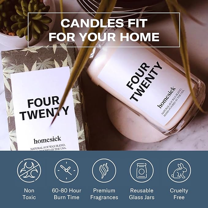 Homesick Scented Candles for Home (Four Twenty) - 13.75 oz Long-Lasting Natural Soy Wax Blend Jar Candle Gifts for Women & Men for All Occasions, 60-80 Hours Burn Time - Notes of Bergamot & Sandalwood