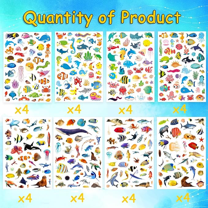 Ocean Animal Stickers 1056 Count Sea Ocean Animal Shark Tropical Fish Party Favors Goodie Bags Gifts for Kids Boys Girls Birthday Party Decoration Invitations Water Bottle Envelope Reward Stickers
