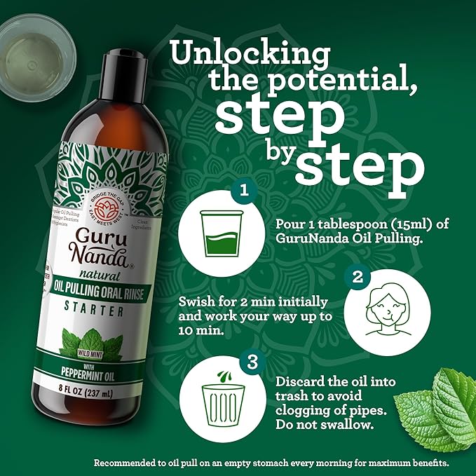 GuruNanda Starter Pulling Oil Mouthwash for Natural Teeth Whitening, Coconut and Peppermint Oil for Fresh Breath & Happy Gums, with Tongue Scraper, Alcohol-Free, 2X8 Oz