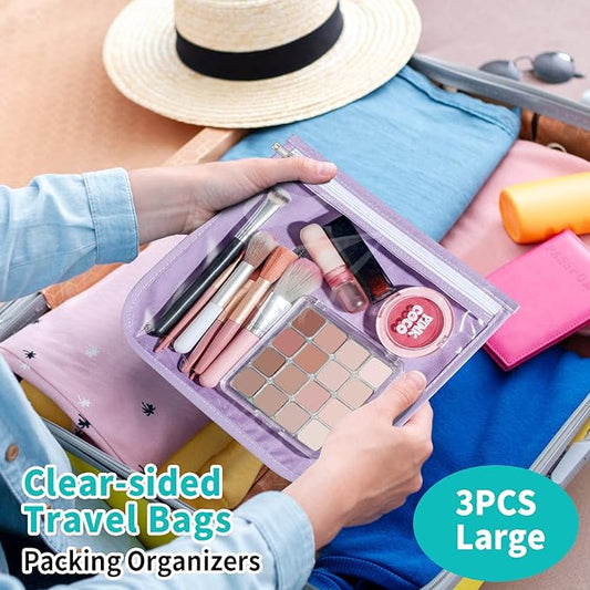 TSA Approved Toiletry Bag, Set of 3 Clear Travel Toiletry Bag Quart Size Zipper Travel Pouch, Waterproof Makeup Cosmetic Bag for Women Men Kids Toiletries Carry on, Purple Large