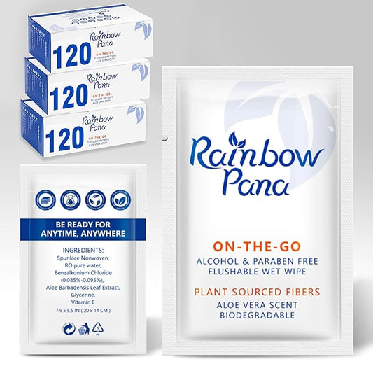 RainbowPana Flushable Wipes, 360 Count, ON-THE-GO Individually Wrapped - Butt Wipes for Women and Men, Travel Wipes for Family - Infused with Vitamin E and Natural Aloe, pH Balanced