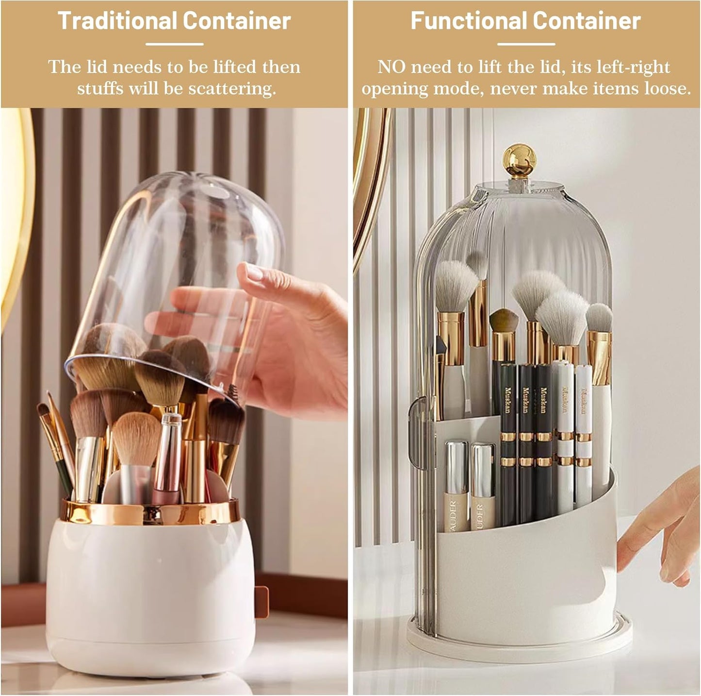 1PCS Makeup Brush Holder Organizer with Clear Lid 360 Rotating Sliding Opening Dustproof Brushes Container for Vanity