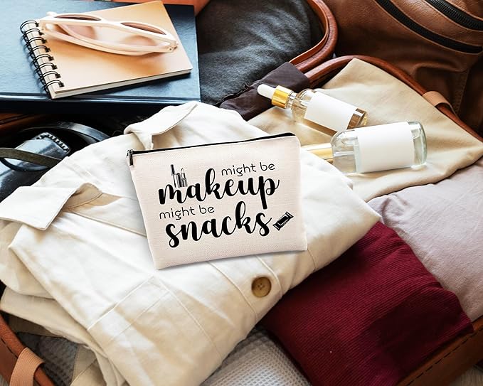 kdqua Novelty Cute Makeup Bag, Funny Quotes Might Be Makeup Might Be Snacks Linen Cosmetic Bag Zipper Pouch Travel Organizer Toiletry Bag, Humor Gift for Woman, Female Friend Birthday Gift Ideas