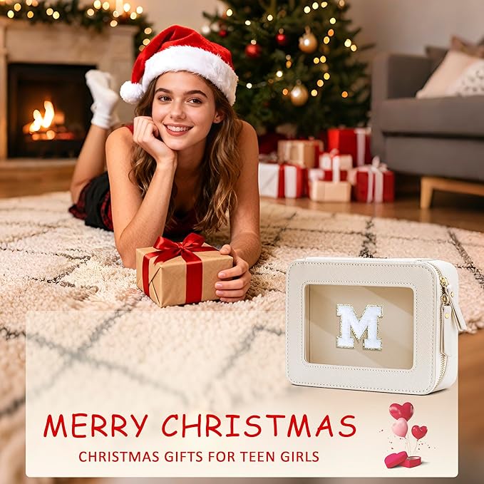 Initial Travel Toiletry Bag - Cosmetic Bags for Girls with Zipper, Clear & Potable Makeup Bag for Travel, Cosmetic Pouch Perfect Gifts for Graduation (Beige, M)