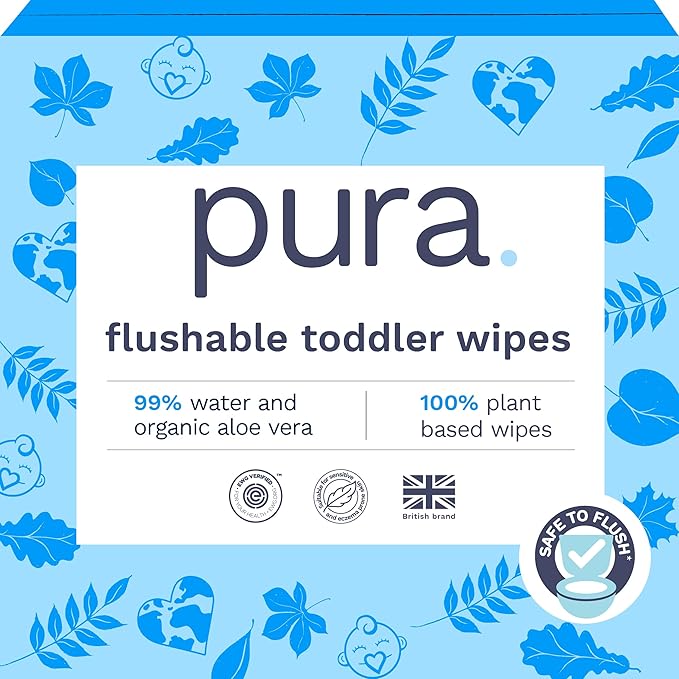 Pura Flushable Toddler Wipes 10 x 60 Wipes (600 Wipes), 100% Plastic Free, 99% Water, Hypoallergenic & Fragrance Free, Totally Chlorine Free, Kids Toilet Wipes, Sensitive Skin