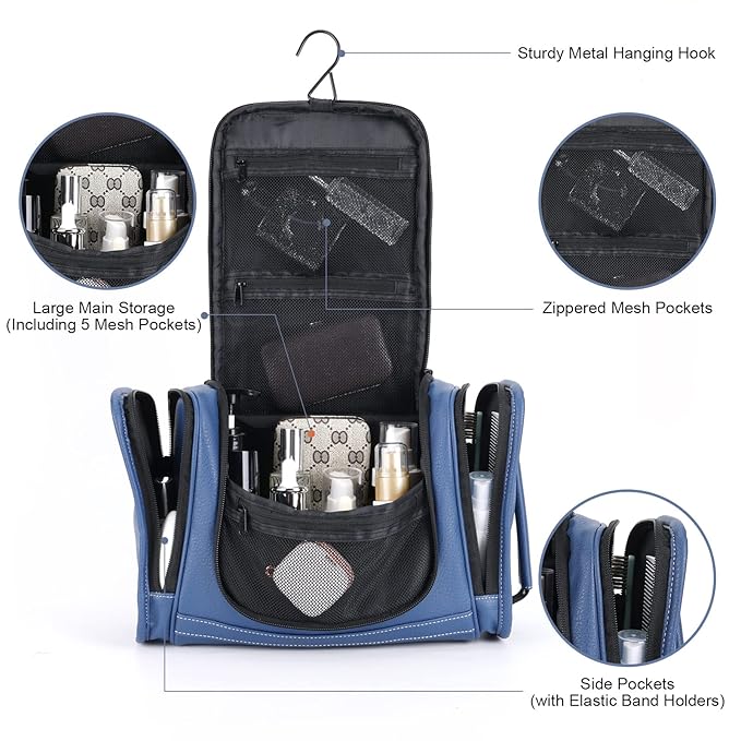 MIRASON Hanging Toiletry Bag for Men PVC Leather Dopp Kit Waterproof Travel Organizer Bag with Sturdy Metal Hook and Handle for Bathroom Shower Cosmetics Camping Brushes Shaving (Blue)