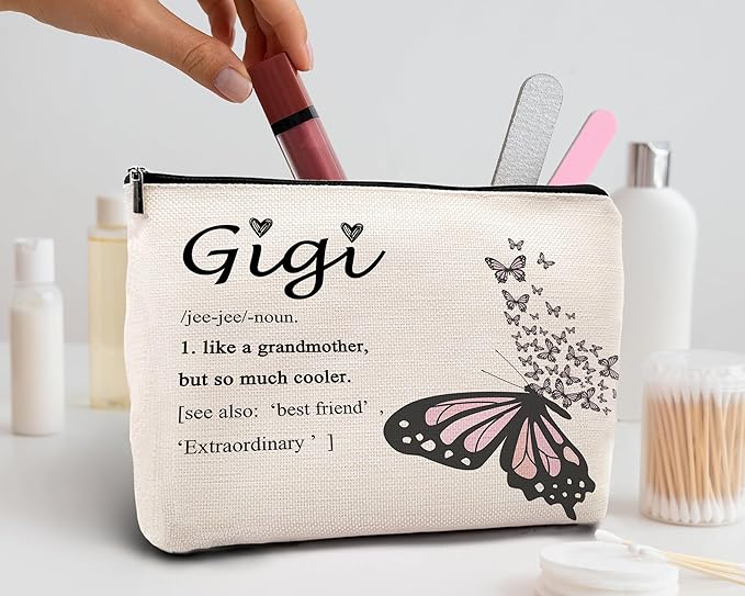 kdqua Gigi Butterfly Makeup Bag, Best Gigi Gifts for Christmas Birthday from Grandkids, Grandma Gifts from Granddaughters Grandsons Cosmetic Bags Zipper Pouch Travel Organizer Toiletry Bag