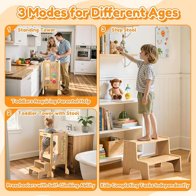 FlyingBoom Foldable Toddler Tower, Kitchen Stool Helper with 2 Step Stool, Toddler Standing Tower for Kids with Safety Net, Adjustable Height, Chalk-Whiteboard &Montessori Activity Games