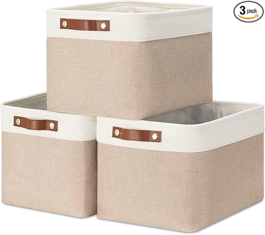 HNZIGE Fabric Storage Baskets for Shelves, Large Collapsible Storage Baskets for Organizing, Decorative Baskets Bins Set with Handles for Closet, Clothes,Home (3 Pack, White&Khaki,15" x 11" x 9.5")