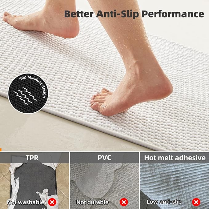 Large Bathroom Rugs Non Slip Washable Bath Rugs Super Absorbent Bathroom Rug Thin Quick Dry Low Pile Bath Mats, White 36"x60"