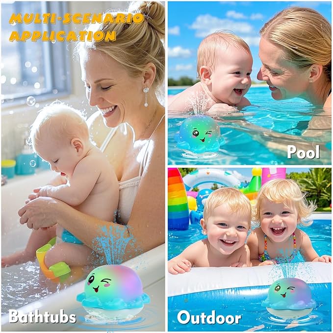 Light Up Bath Toy Sprinkler for Babies, Rechargeable Bathtub Pool Water Toys Baby Gifts for Toddlers, Shower Essentials (Blue Octopu)