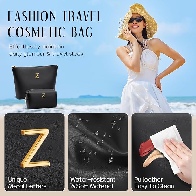 Women Gifts | Initial Makeup Bag Set for Girl Personalized Gifts for Bridesmaid Friend Graduation Teachers PU Leather Cosmetic Travel Toiletry Bag(Black,Z)