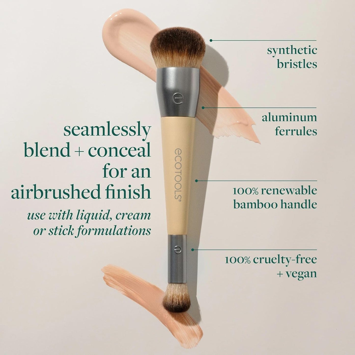 EcoTools Blend + Conceal Dual-Ended Makeup Brush, Foundation & Concealer Brush For Liquid & Cream Formulas, Face Makeup Brush, Synthetic Bristles, Vegan & Cruelty-Free, Travel & Eco-Friendly, 1 Count
