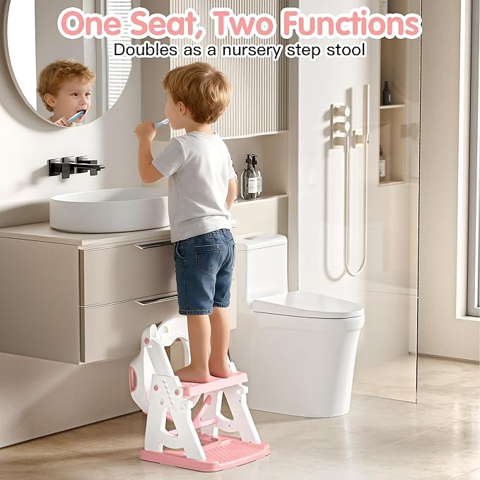Potty Training Seat, 2 in 1 Potty Training Toilet with Step Stool for Boys Girls, Toddler Toilet Seat with Stabilizer Bar, Anti-Slip Pads and Splash Guard, Pink