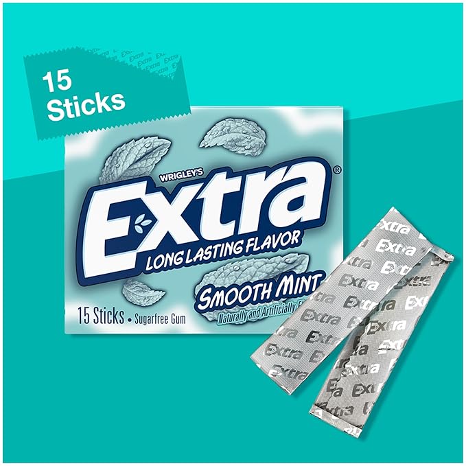 Extra Gum Smooth Mint Sugarfree Gum Bulk, Individually Wrapped, Perfect for Fresh Breath at School, Work, and Travel, 15 Count, Pack of 10