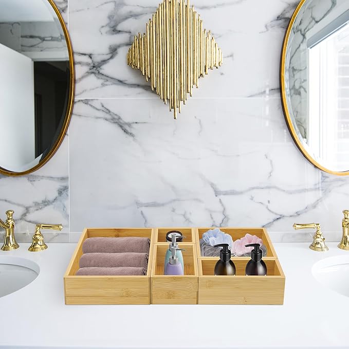 VaeFae 5 PCS Bamboo Drawer Organizers Set, 5-size Wooden Organizer Box, Storage Bins for Kitchen, Bathroom, Office, Bedroom and Living Room