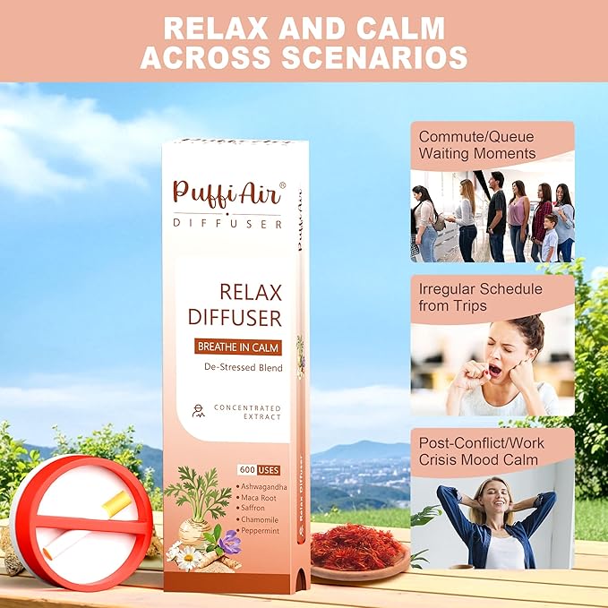 Relax Herbal Diffuser for Breathing in Calm丨De-Stress Blend with Ashwagandha, Maca Root, Saffron, Chamomile and Peppermint - Natural Ingredients, 600 Uses