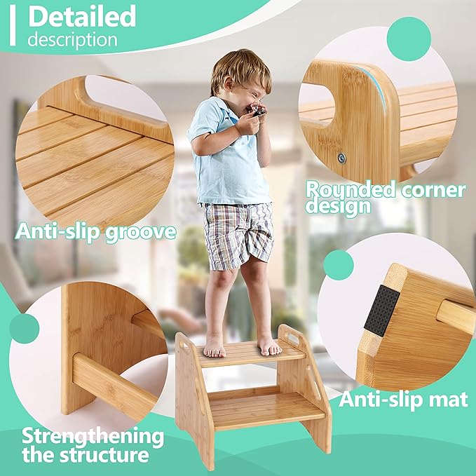 AMBIRD Wooden Step Stool, Two Step Stools Toddler 300 lbs Capacity with Safety Non-Slip Pads and Handles, Bamboo Step Stool for Bathroom, Kitchen Dual Height Step Stools for Kids (Natural)