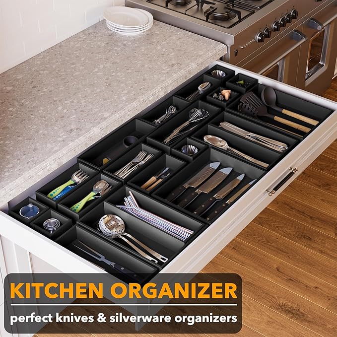 SpaceAid 21-Piece Bamboo Drawer Organizer Storage Boxes Set, Wood Tray Junk Drawer Organizers Multi-Use Divider Bins for Kitchen, Bathroom, Office Desk and Makeup Organization (21 Pack, Black)