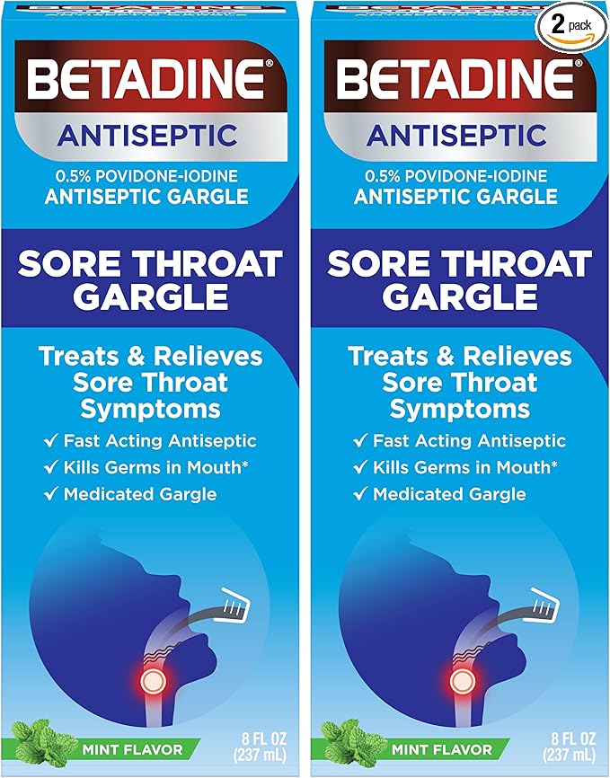 Betadine Sore Throat Relief Gargle, Mint Flavor, Fast Acting Antiseptic, Povidone-Iodine 0.5%, 8 oz (Pack of 2)