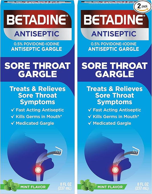 Betadine Sore Throat Relief Gargle, Mint Flavor, Fast Acting Antiseptic, Povidone-Iodine 0.5%, 8 oz (Pack of 2)