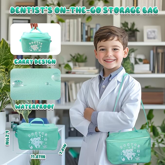 Toy Doctor Kit for Toddlers, Kids Dentist Play Set with Dentist Chair, Doll Toy, Stethoscope, Large Carrying Storage Bag, Dental Accessories, Pretend Doctor Play Medical Gift for Boys Girls(Green)