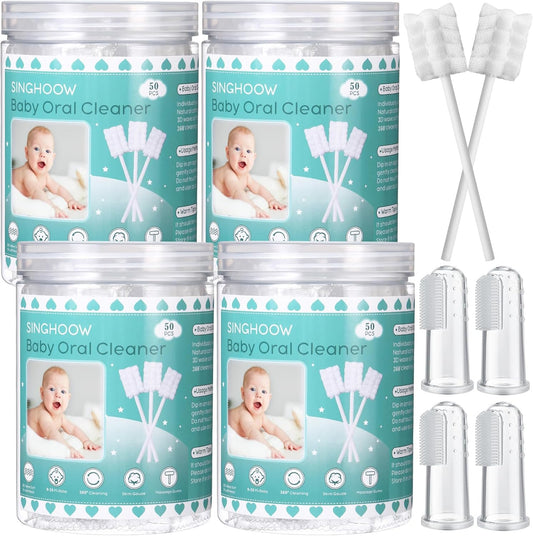 200 Pieces Baby Tongue Cleaner Disposable Infant Oral Cleaner with 4 Pieces Finger Toothbrush Soft Gauze Baby Mouth Newborn for Tooth Mouth Gum Dental Care(Blue)