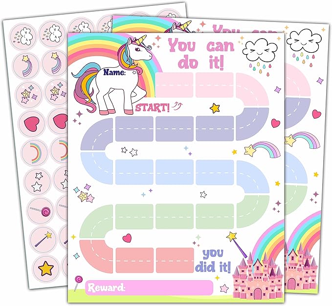 10 Unicorn Reward Chart with 216 Round Stickers, Incentive Behavior Chart for Kids at Home Classroom, Kids Routine Daily Chore Sticker Chart-A20