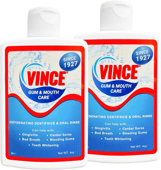 Vince Gum and Mouth Powder - Daily Use Dentifrice - Oxygenating Bubbles - Bad Breath - Gingivitis - Irritated Bleeding Gums - Canker Sore - Inflammation - Wounds - Cleanse & Refresh - 4oz (Pack of 2)