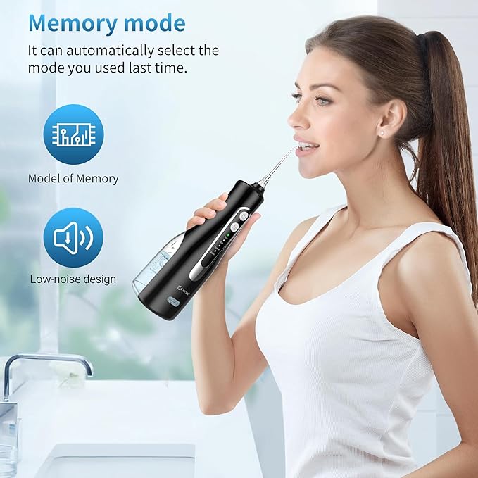 Cordless Oral Irrigator - 4 Modes Water Flosser for Teeth Cleaning, 300ML Reservoir, 360° Nozzle, IPX7 Waterproof, 2000mAh Rechargeable Battery, 4 Jet Tips, Smart Memory Function (M149 - Black)