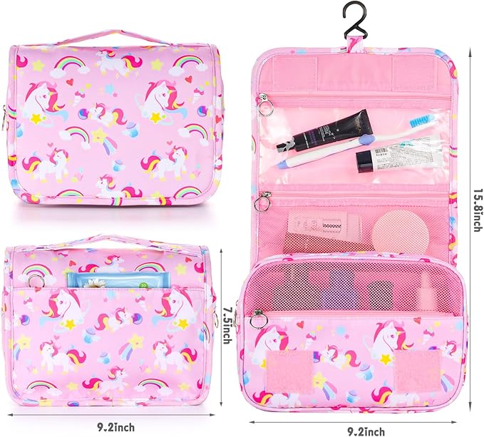 Kids Hanging Toiletry Bag for Girls, Travel Toiletry Bag for Little Young Girls Cosmetic Makeup Waterproof Wash Bag Toddler Traveling Toiletries, Unicorn Pink