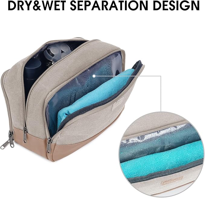 WANDF Travel Toiletry Bag for Men Large Toiletries Shaving Bag Water Resistant Hanging Dopp Kit Travel Accessories Bag for Women Men (Beige Gray)