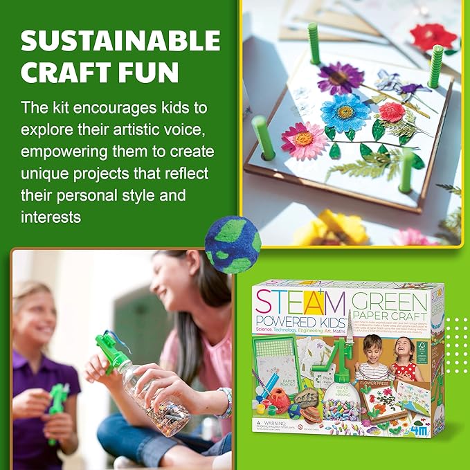 4M - STEAM Green Paper Crafts - Make Recycled Papers, Flower Pressing Art - Eco-Friendly STEAM Craft Paper Kit for Kids Ages 5+ - Learn Sustainability Through Creative Activities