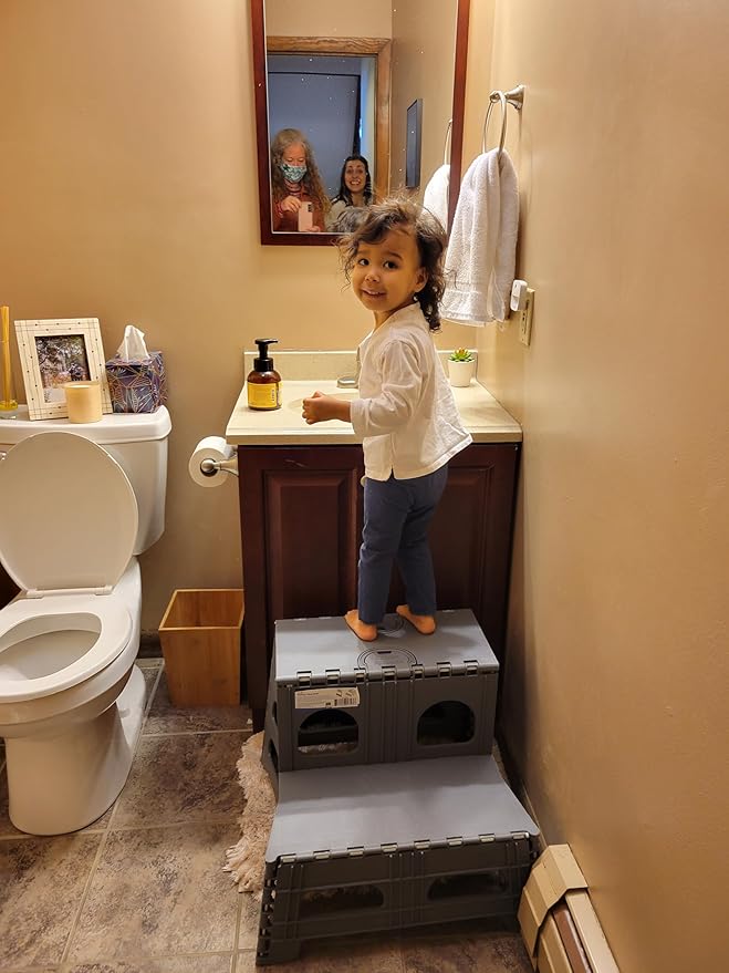 Bee Neat Folding 2 Step Stool for Adults, Kids, Toddlers - Collapsible & Foldable Step Ladder for Kitchen, Bathroom or Bedroom - Non-Slip & Wide Stepping Stool Supports 200lbs - Gray