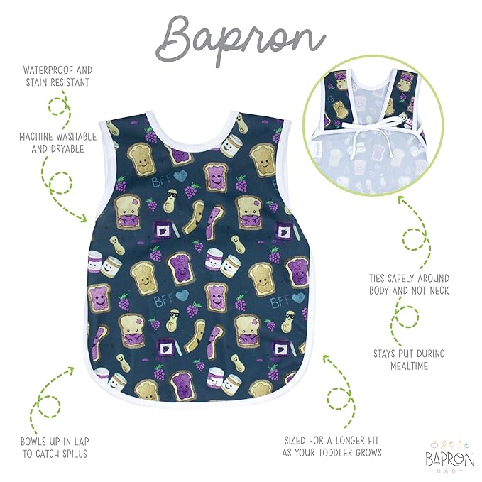 BapronBaby PBJ Pals Bapron - No Neck Tie Safer Bib for Baby & Toddler - Soft Waterproof Stain Resistant - Machine Washable - Sz Baby/Toddler 6m-3T