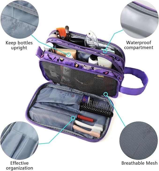 Kids Toiletry Bag for Girls, Travel Toiletry Bag for Little Young Girls Cosmetic Bag Makeup Bag Waterproof Hanging Wash Bag Toddler Toiletries, Leopard Purple