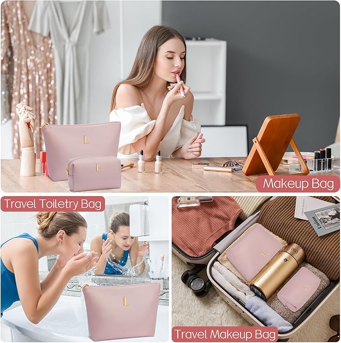Women Gifts | Initial Makeup Bag Set for Girl Personalized Gifts for Bridesmaid Friend Graduation Teachers PU Leather Cosmetic Travel Toiletry Bag(Pink,L)