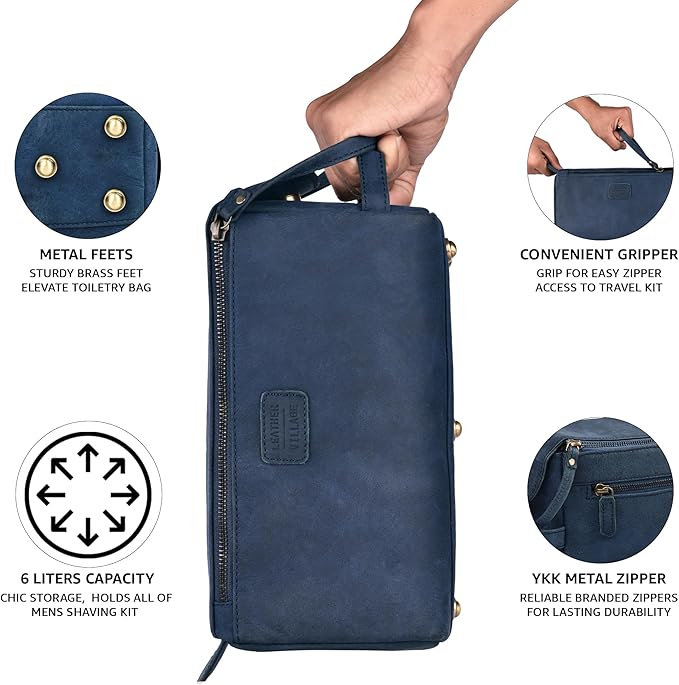LEATHER VILLAGE Premium Leather Travel Toiletry Bag - Unisex Water-Resistant Travel Bag for Toiletries, Shaving & Cosmetic Organizer for Men & Women - Compact Bathroom Essentials - Royal Blue