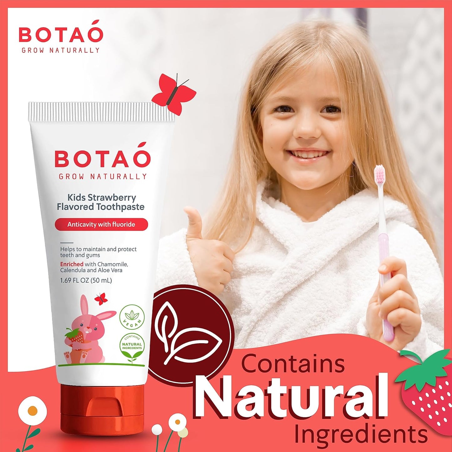 Kids Toothpaste | Natural Strawberry Flavored Anticavity Fluoride Toothpaste Maximum Cavity Protection| EWG Verified, Vegan, SLS Free, Safe to Swallow, Aloe Vera (2Pack)