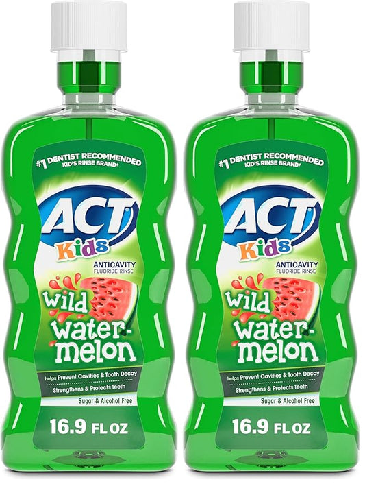 ACT Kids Anticavity Mouthwash, Wild Watermelon | Fluoride Rinse | Alcohol Free | 16.9 fl. oz. | Pack of 2
