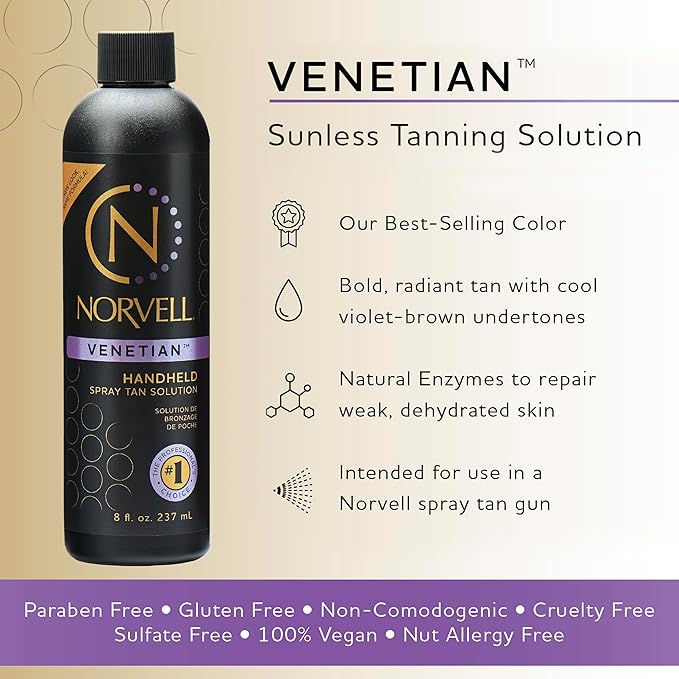Norvell Premium Spray Tan Solution Venetian 8 fl oz – Professional Sunless Tanning Formula for Natural Bronze Glow, Streak-Free, Fast-Drying, Long-Lasting Color