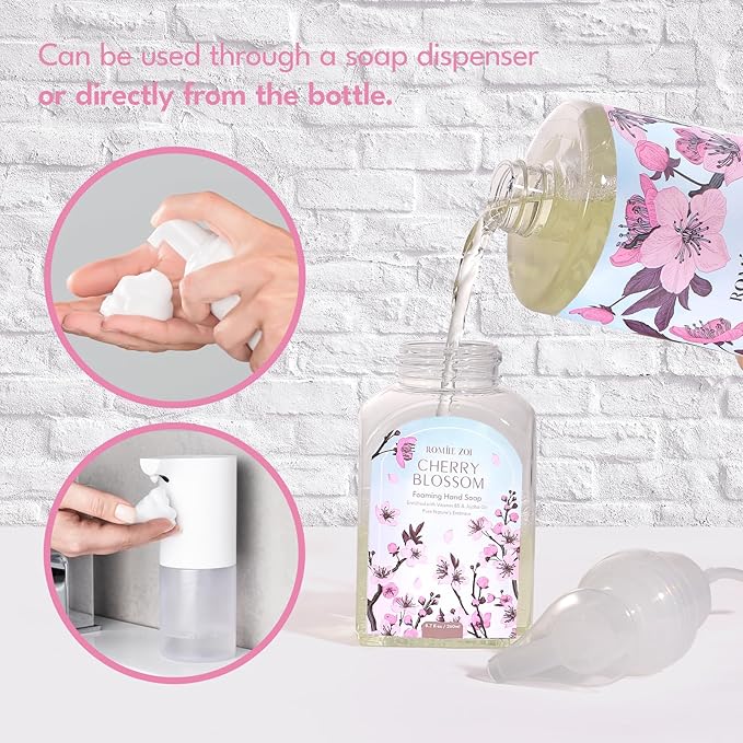 ROMIIE ZOI Cherry Blossom Foaming Hand Soap Refill Gift Set – 3 Pack*33.8 Fl Oz with Refillable Dispenser, Refreshing Floral Scent, Moisturizing & Chemical-Free for Bathroom, Kitchen, Sensitive Skin